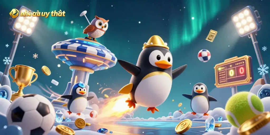 Engage with nhà cái uy tín as the rocket-powered penguin soars towards a casino chip station amidst thrilling sports elements.