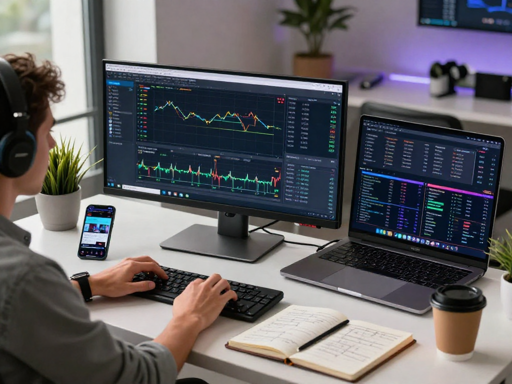 Escena de trading digital con Immediate Edge mostrando gráficos económicos y un trader concentrado en su análisis.