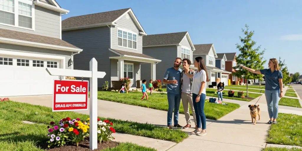 Couple touring a property during an open house in a vibrant suburban neighborhood, showcasing the excitement of home buying.