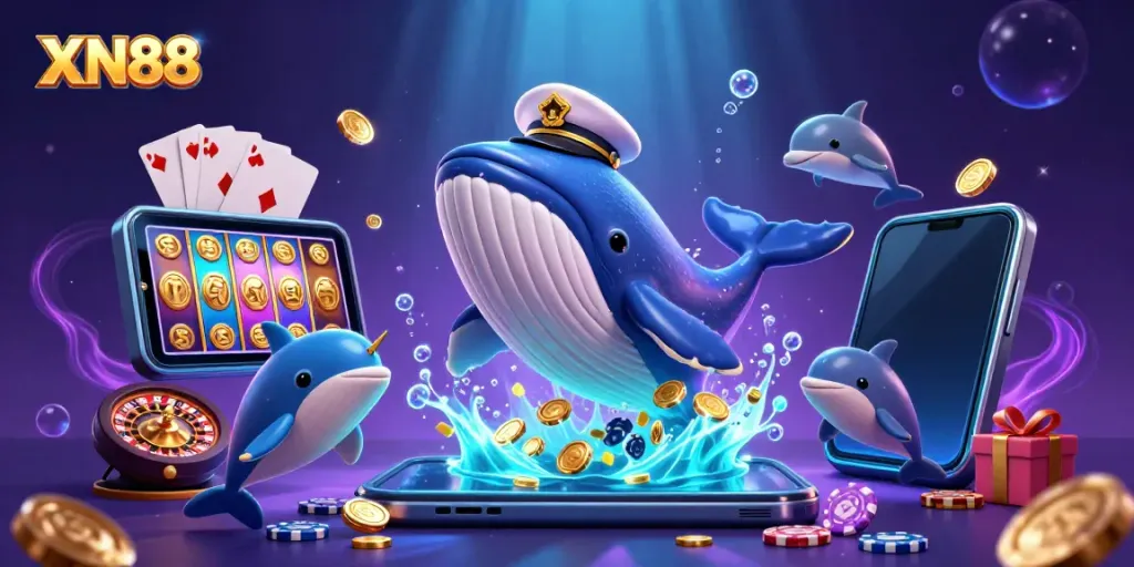 XN88 features a captivating scene with a giant whale amidst coins and playful dolphins with poker chips, showcasing the excitement of online gaming.