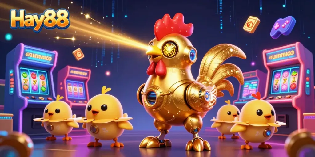 Engage with Hay88's vibrant 3D casino world featuring a golden rooster robot surrounded by immersive gaming elements.