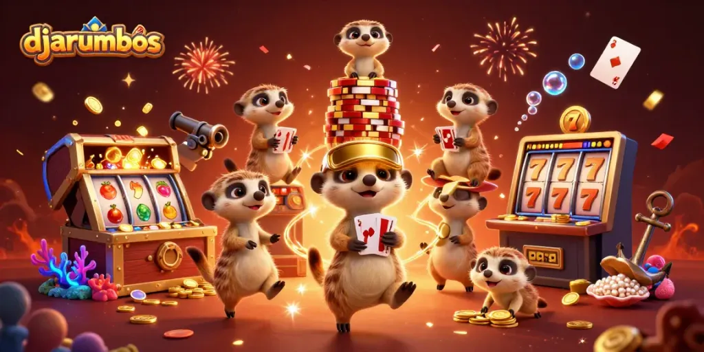 Dive into djarumbos’ engaging casino world with vibrant meerkats dealing cards and managing jackpots.