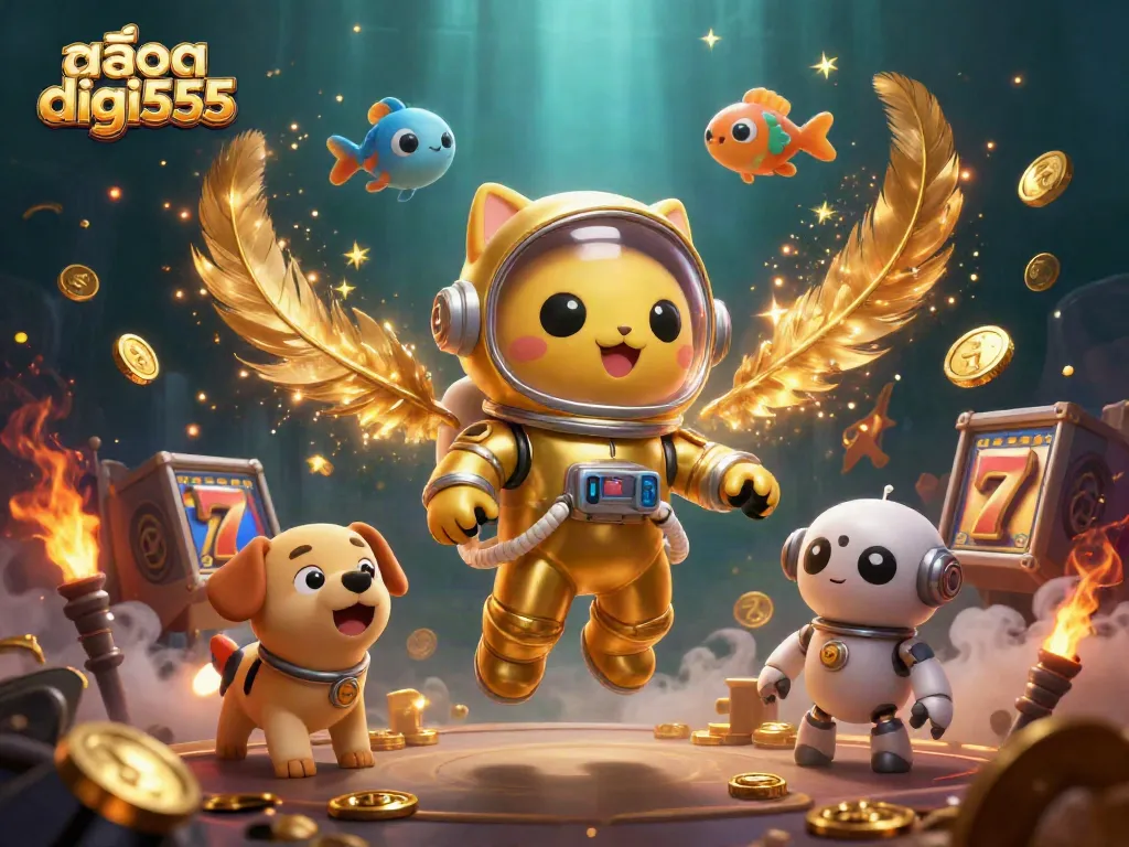 Spin and win with สล็อต digi555 in an exciting, vibrant casino atmosphere featuring animated characters and game elements.