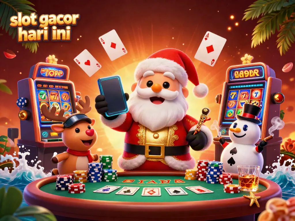 Visualisasi slot gacor hari ini dengan Santa Claus, rusa, dan manusia salju dalam kasino berwarna cerah.