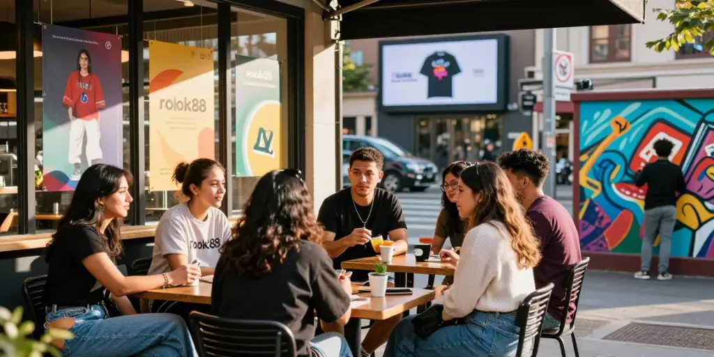 Young adults discussing fashion at a café promoting rokok88 merchandise in a vibrant urban setting.