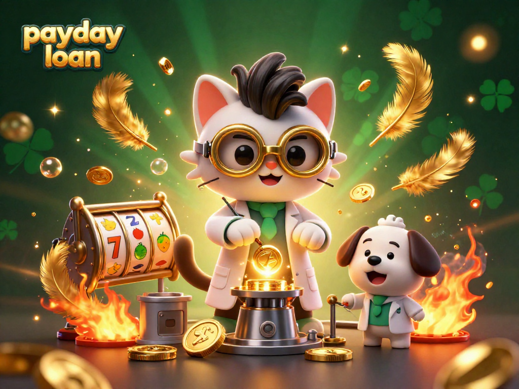 Execute an exciting payday loan-themed casino scene with a scientist cat and dog, dazzling gold elements.
