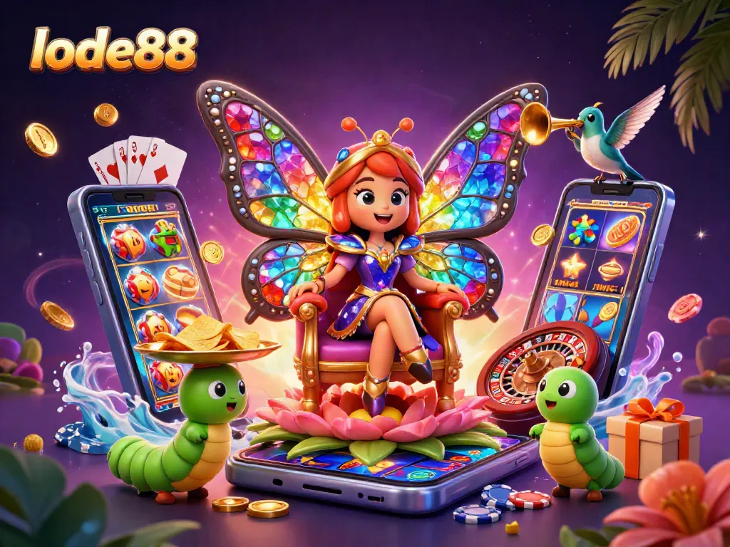 Experience the magic of lode88 with vibrant casino-themed 3D illustration showcasing exciting games and characters.