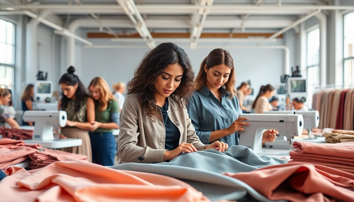 Women’s Clothing Manufacturer team collaborating in a vibrant workshop.