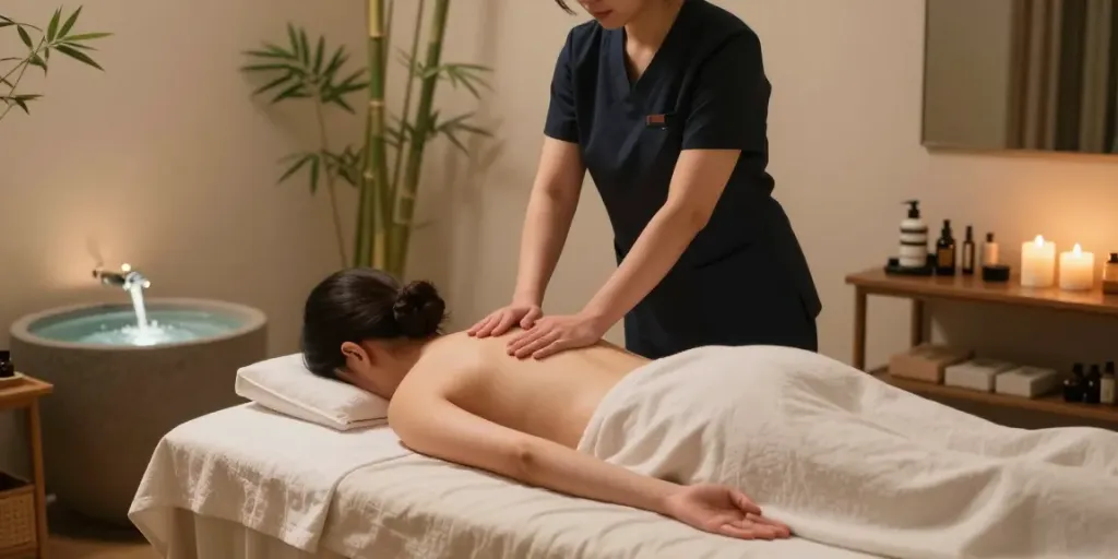 Client enjoying a 서울출장마사지 in a serene spa environment with tranquil lighting.