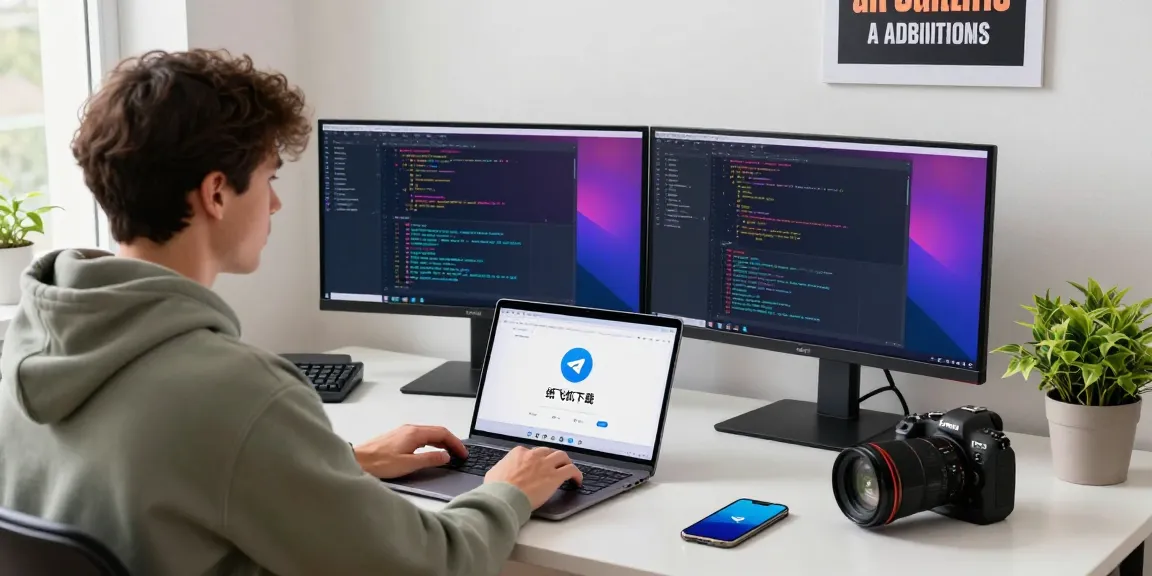 Developer analyzing 纸飞机下载 on dual monitors in a bright tech workspace.