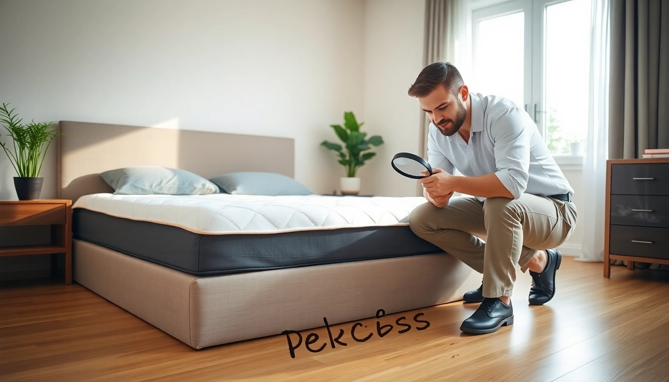 Expert technician conducting bed bug control inspection in clutter-free bedroom.
