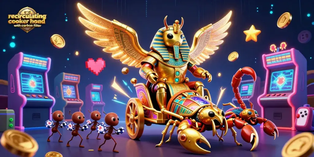 Engage with a vibrant illustration featuring a recirculating cooker hood with carbon filter in a casino-themed setting, showcasing stellar game elements.