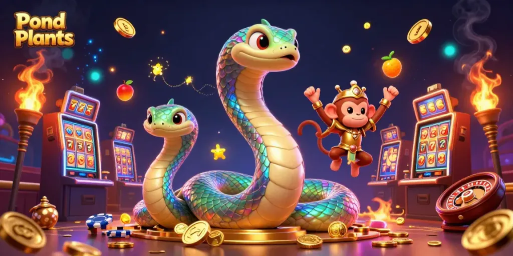 Pond Plants entangled in a vibrant casino scene filled with slot machines and floating coins.