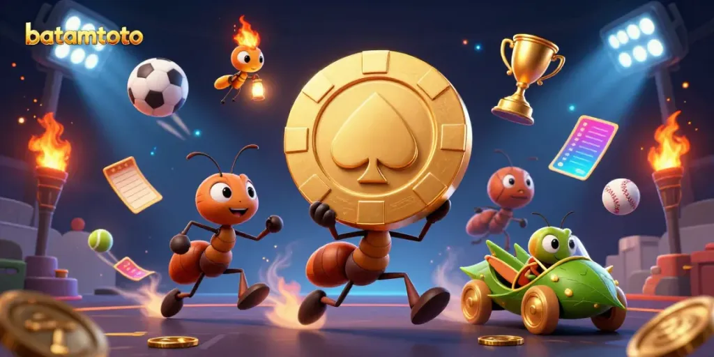Ants carrying batamtoto chip through tunnel, animated sports elements flying around.