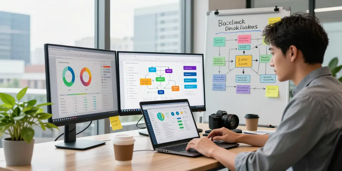 Marketing expert analyzing backlinks strategy on multiple screens in a vibrant workspace.
