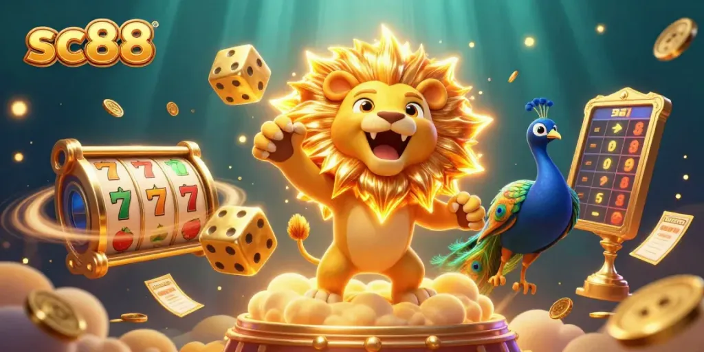 Win big with sc88 at the vibrant casino illustrated scene filled with dynamic game elements