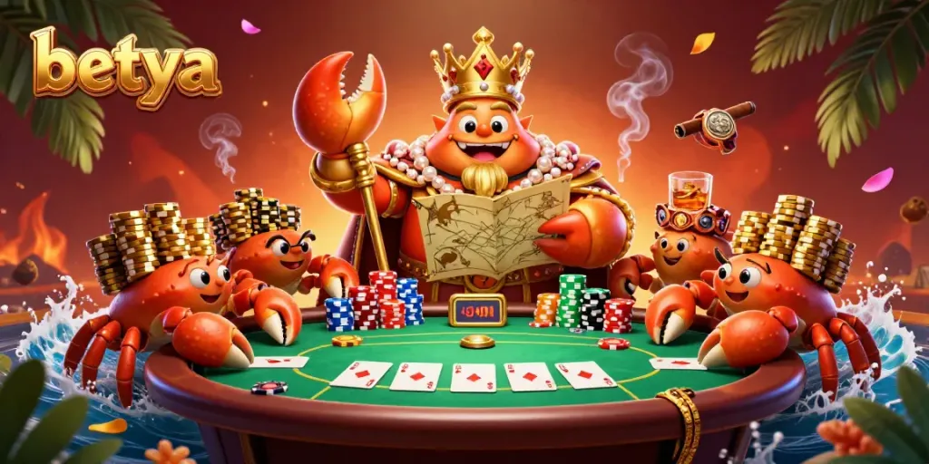 Experience exciting poker action with Betya’s vibrant 3D casino scene featuring a golden crab emperor.