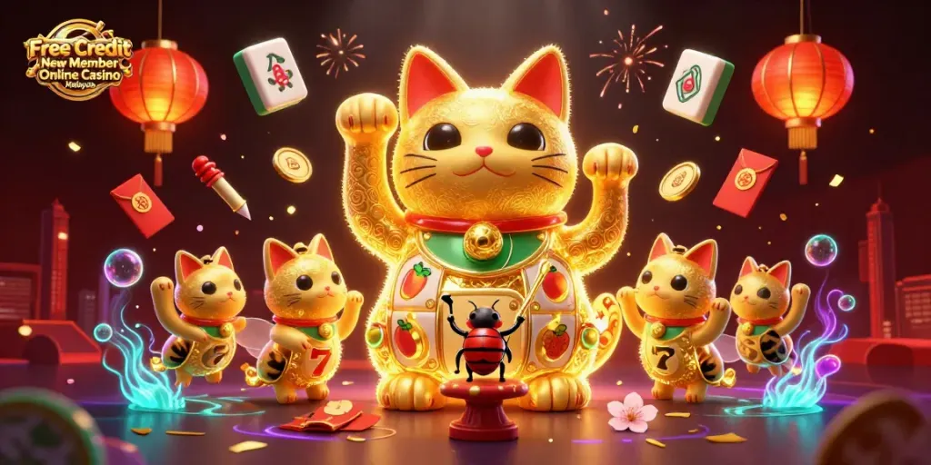Experience Free Credit New Member Online Casino Malaysia with a colorful display of casino symbols and lucky characters.