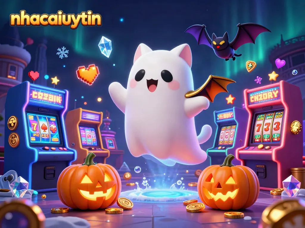 Engage with exciting casino adventures at nhacaiuytin featuring a playful ghost cat and vibrant gaming elements.