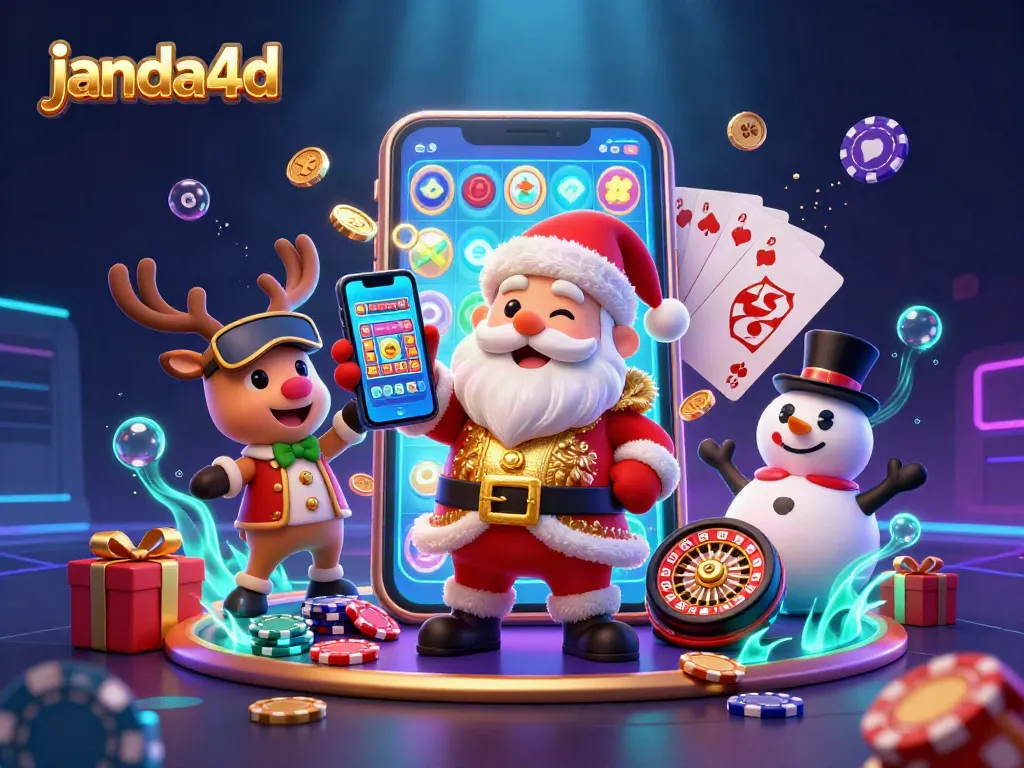 Menangkan permainan di janda4d dengan Santa Claus berdiri di kasino, hadiah dan koin bertebaran.