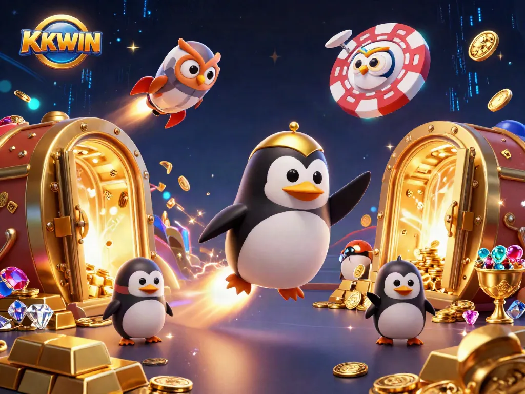 Experience excitement with KKWIN as a golden penguin flies to a vibrant casino in space.