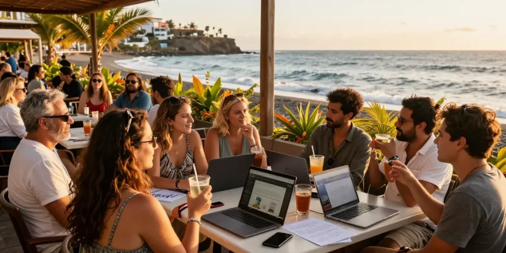 Tenerife Forum community sharing travel tips and experiences at a beach café.