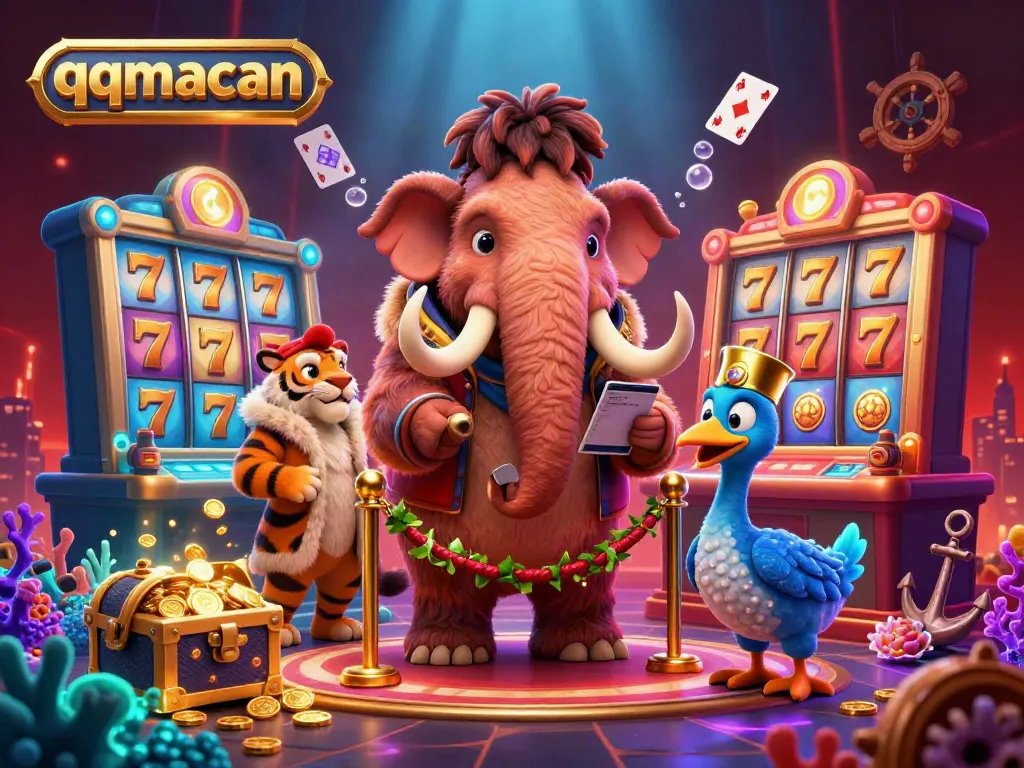 Engage with qqmacan's thrilling casino experience, featuring vibrant characters and gambling elements in a dynamic 3D scene.