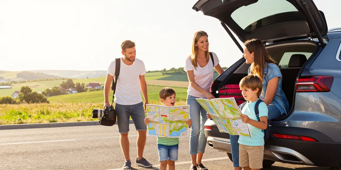 Family enjoying their FlexRent car rental experience outside Chișinău Airport with stunning landscape views.