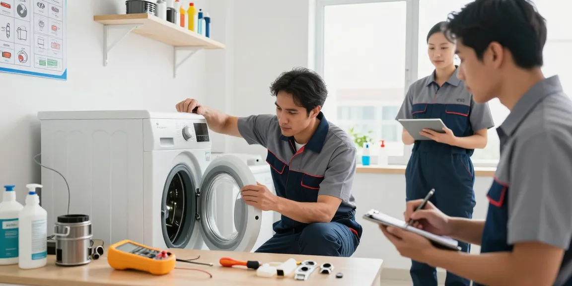 Washing machine repair technician diagnosing appliance in a bright, modern laundry room with tools at hand.