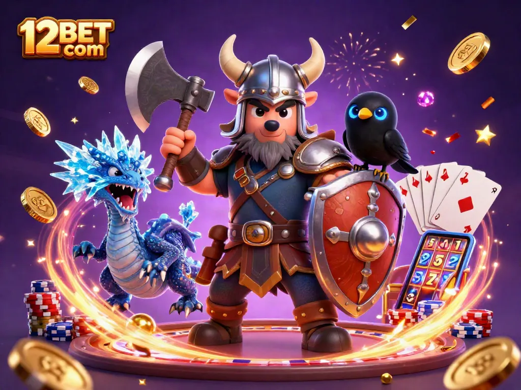 Experience the excitement of 12BET com with a dynamic 3D casino scene featuring a Viking wolf warrior and gaming elements.