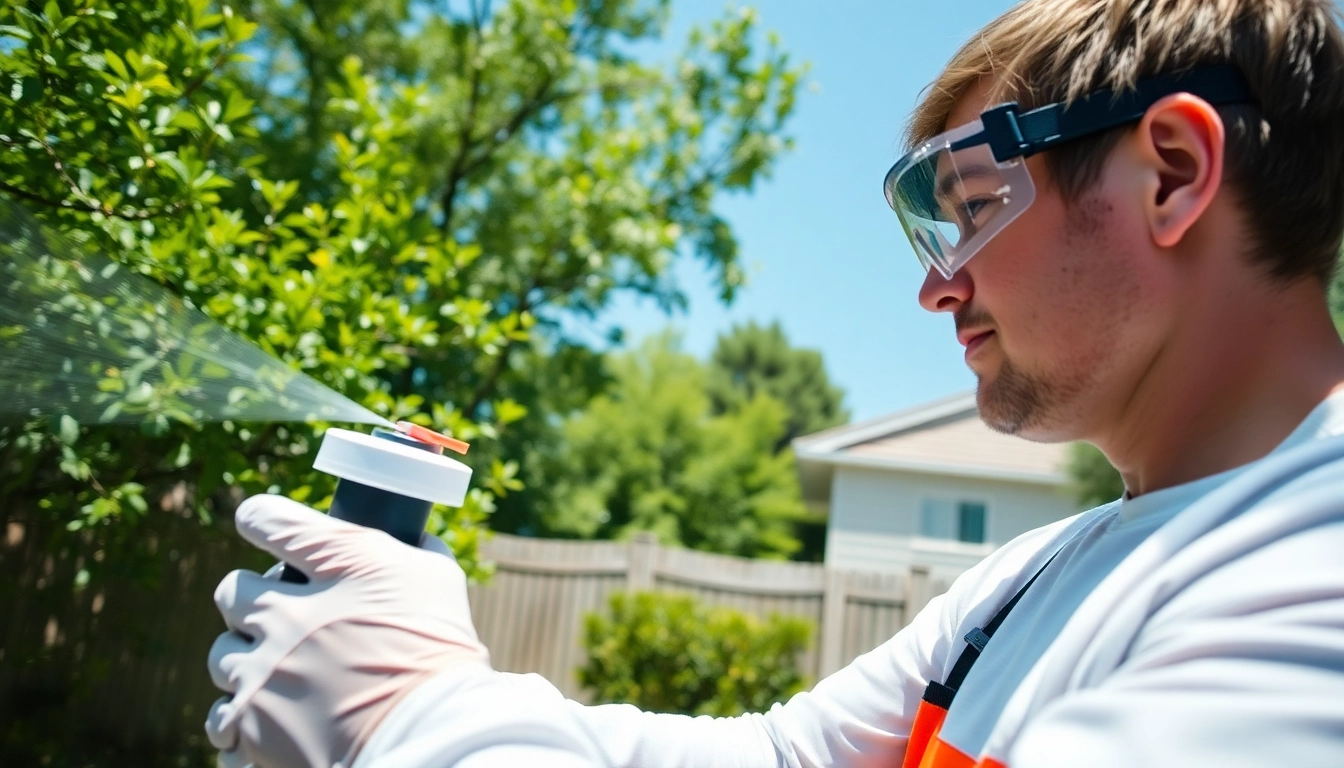 Get expert insect control service near me, showcasing a professional in action treating backyard plants.