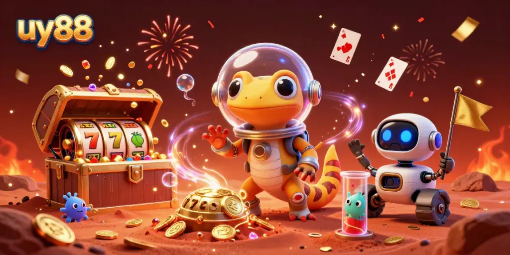 Experience thrilling wins at uy88 with a vibrant 3D casino scene featuring a Martian gecko and treasures.