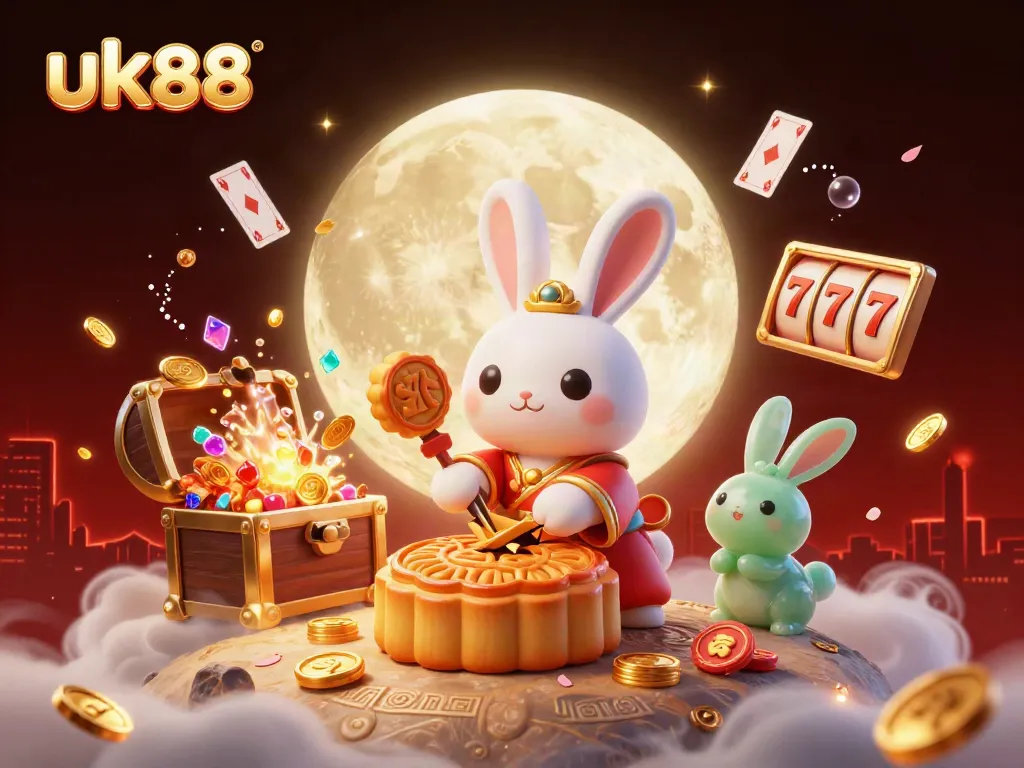 Experience thrilling jackpots at uk88 with this vibrant illustration of a moon rabbit in a casino theme.