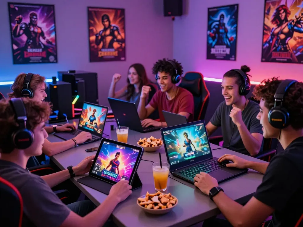 Gamers enjoying free sex games in a vibrant lounge with colorful LED lights and multiple devices
