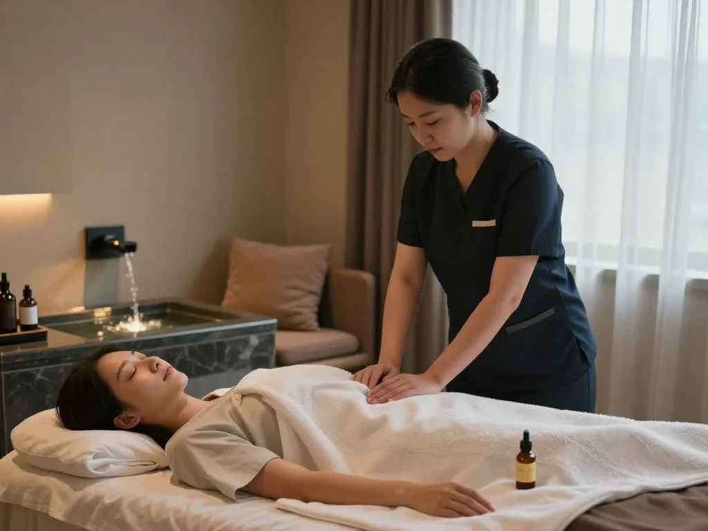 Inviting 인천 출장마사지 setup with calming ambient light and oils in a cozy hotel room.