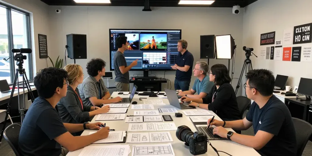 Video production company Orange County, California team collaborating in a creative studio.