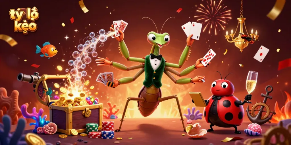 Experience the excitement of tỷ lệ kèo as the giant praying mantis deals cards and champagne flows in this vibrant casino scene.