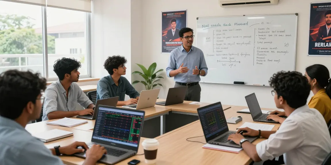 Interactive learning at the online trading course in India, students collaborating in a modern classroom.