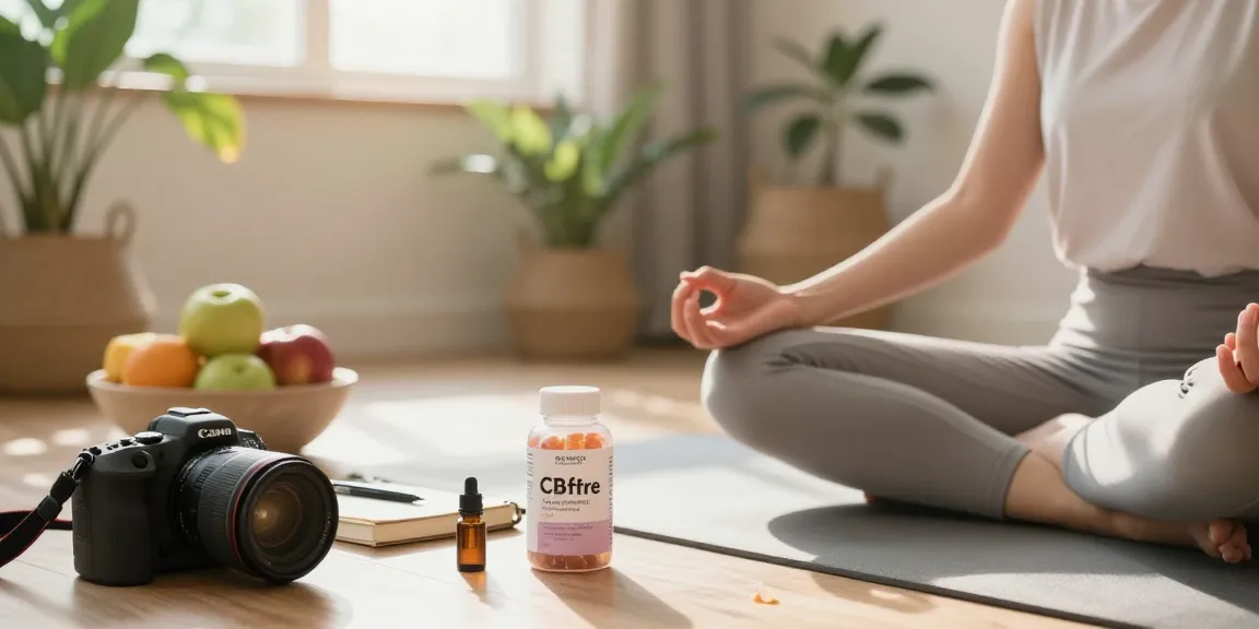 Person practicing mindfulness with cbd gummies and fresh fruits in a serene home wellness scene.