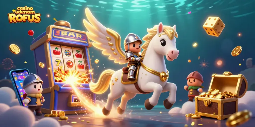 Experience thrilling gameplay at casino uden om ROFUS with cinematic 3D illustration of winning moments.