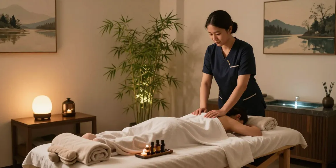 Therapist preparing for 출장안마 session in a serene massage therapy room with calming elements.