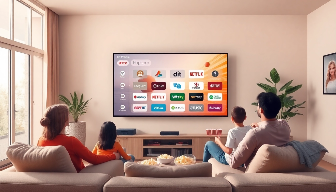 Family enjoying diverse IPTV service in a modern living room with warm lighting.