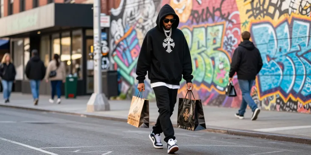 Fashionable individual wearing Chrome Hearts apparel while shopping in an urban setting, reflecting unique street style.