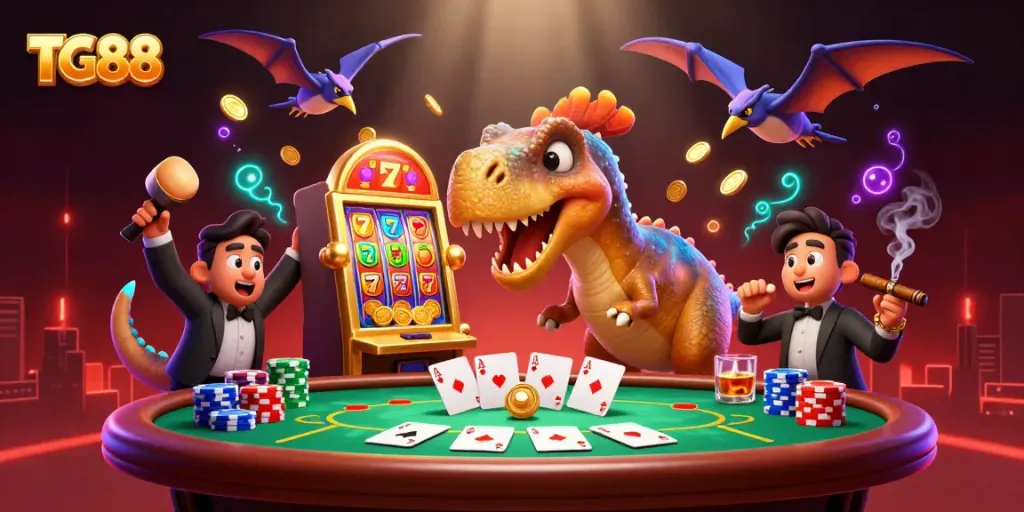 Watch TG88's pachycephalosaurus trigger a jackpot in this dynamic casino scene, surrounded by vibrant gaming elements.