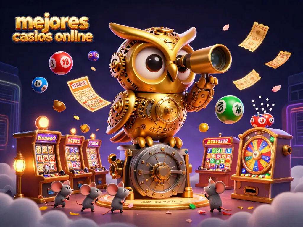 Ilustra a los mejores casinos online con un búho dorado y ratones en un ambiente vibrante de juego.