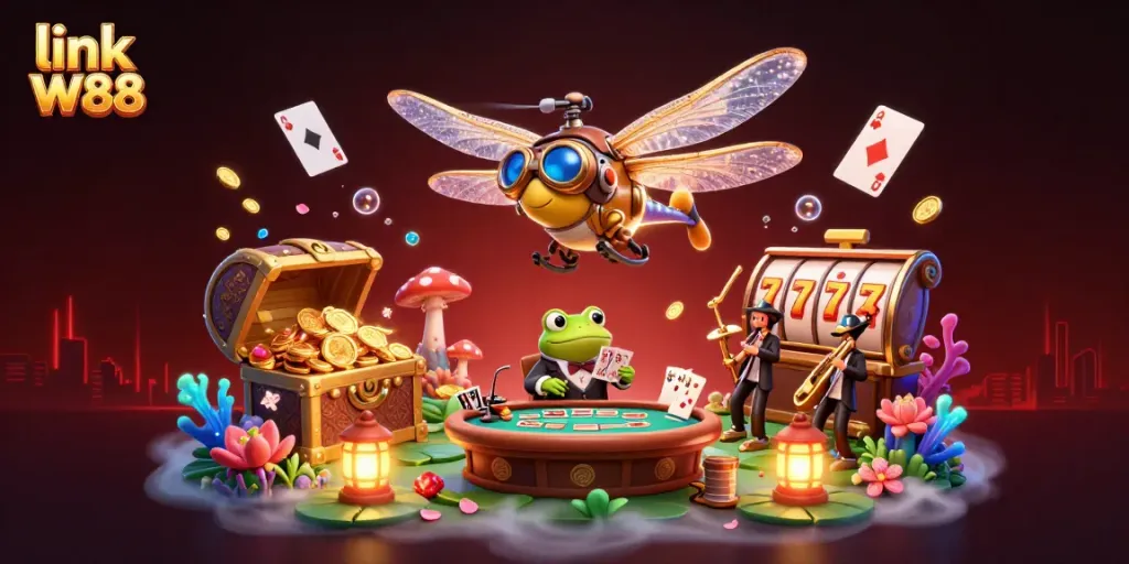 Experience thrilling gameplay with link W88 at a dynamic lily pad casino, featuring 3D cartoon characters.