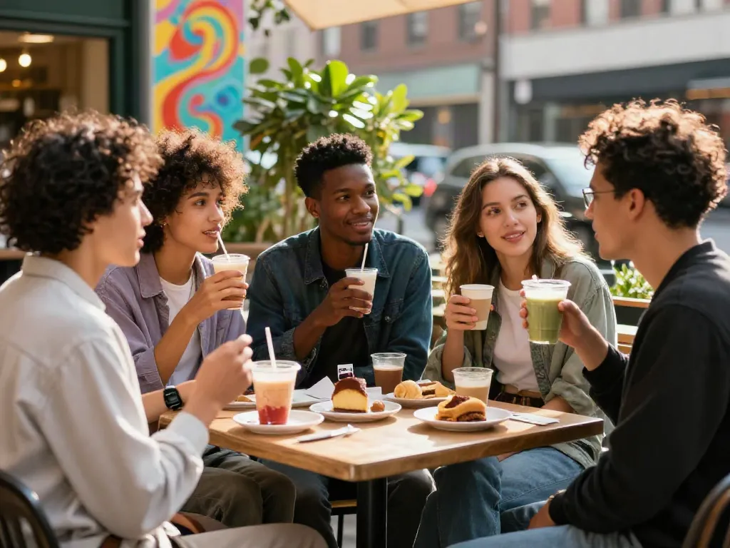Friends gathered at a café enjoying rokok88 lifestyle, showcasing urban fashion and community.