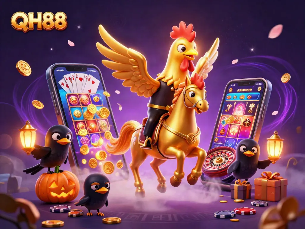 Experience the thrill of gambling with QH88 in an elaborate casino scene featuring dynamic characters and gaming elements.