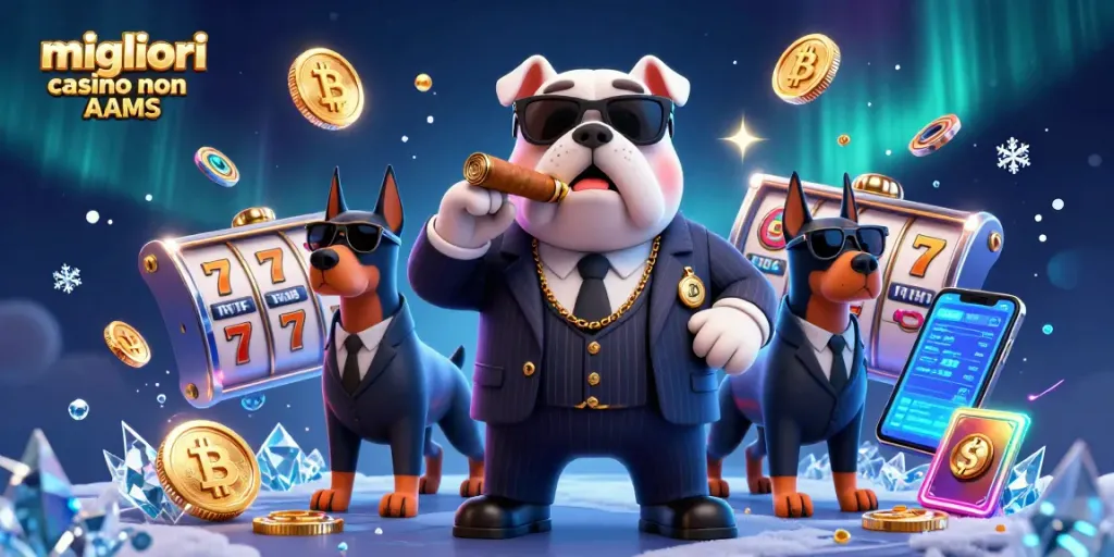 Scopri i migliori casino non AAMS con un bulldog in stile mafia che gioca a slot machine e crypto.