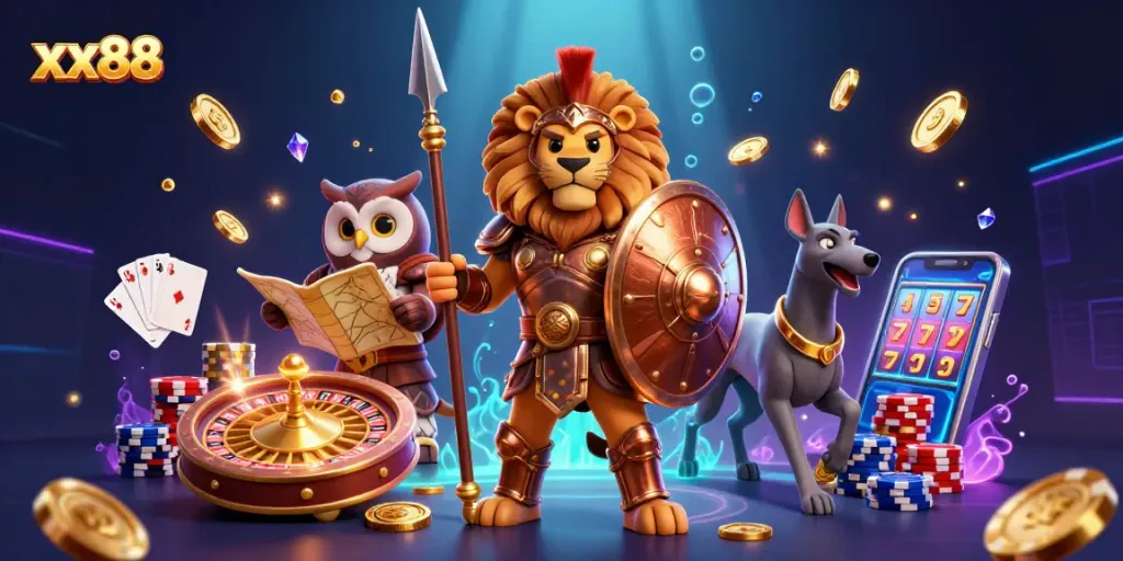 Win big at xx88 with a dynamic casino scene featuring a Spartan lion in armor